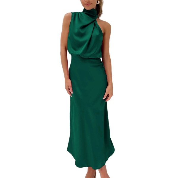 Elegant ärmlös grimma satin sommar bröllopsklänning för kvinnor (M) Dark green XL