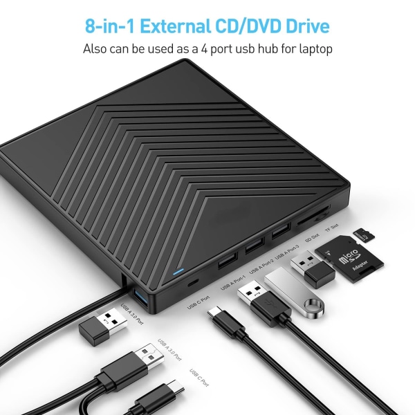 Extern CD DVD-enhet, Ultra Slim USB 3.0 CD-brännare med 4 USB portar och 2 TF/SD-kortplatser