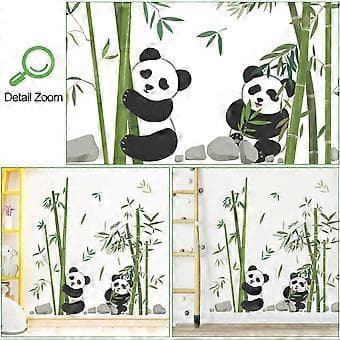 Panda Äter Bambu Väggdekal Söt Tecknad Panda Väggdekaler Vardagsrum Sovrum Soffa TV Vägg