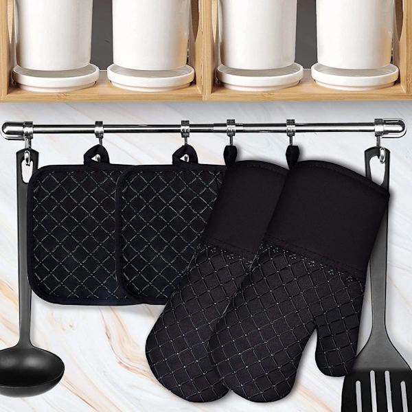 Set med 4 ugnshandskar, 300°C grytunderlägg & halkfria silikonlånga ugnshandskar, matlagningshandskar, värmebeständiga ugnshandskar, ugnshandskar för kök,