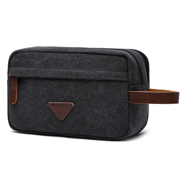 Toalettväska för män med dubbla fack, canvas läder kosmetisk sminkorganisatör rakning Dopp kit - Svart