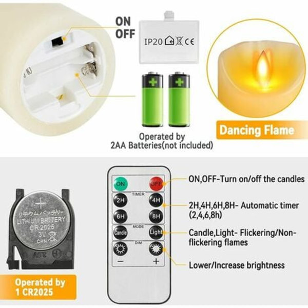 Flimrande LED-ljus, set om 3 (10 cm, 12,7 cm, 15 cm), vita LED-ljus med 10-tangenters fjärrkontroll, timerfunktion, omgivande dekoration för