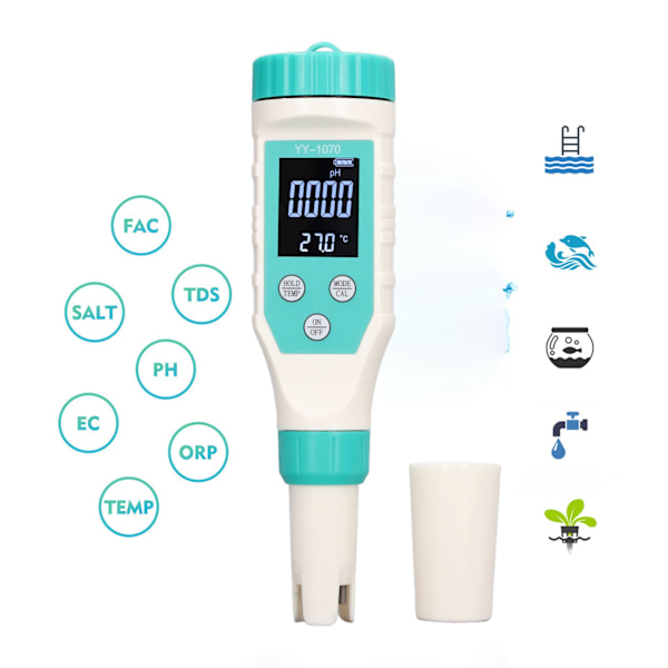 7 i 1 Vattenkvalitetstestare Penna Digital FAC PH ORP TEMP Salthalt TDS EC Meter för Hydroponics Vatten Vin Spa Akvarier