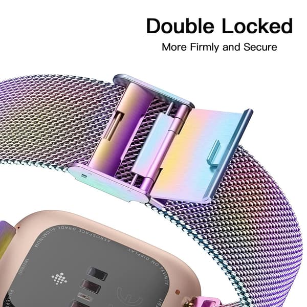 Armband i rostfritt stål för Fitbit Versa 2, stark magnetisk stängning med mesh-loop design, justerbart andningsbart rostfritt stål utbytesarmband