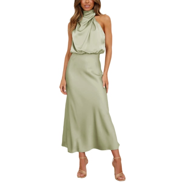 Elegant ärmlös grimma satin sommar bröllopsklänning för kvinnor (M) Light green S