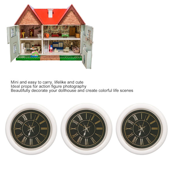 3 st dockhusväggklockor 1:12 dockhus miniatyr rund väggklocka modell dekoration dockhus tillbehör