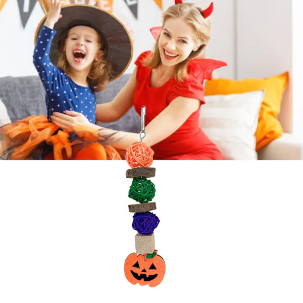 Halloween Fågel Tuggleksaker Äppelträ Rottingboll Näbb Slipning Papegojbur Hängande Leksak med Pumpa Dekor för Parakiter Löv Pumpa