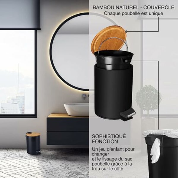 3L Badrumssopkorg Pedal Bin med mjuk stängning Kosmetisk Bin i elegant design med svart bambuträlock