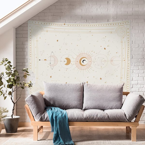 Månefaser Gobeläng Mystisk Konstellation Stjärnhimmel Tarotkort Väggbonad Estetisk Retro Astrologi Väggkonst för Sovrum Vardagsrum Beige