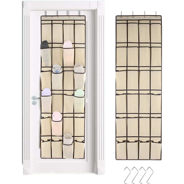 Hängande skoförvaring 24 fickor över dörren utrymmesbesparande skoförvaring skoskåp med 4 krokar beige