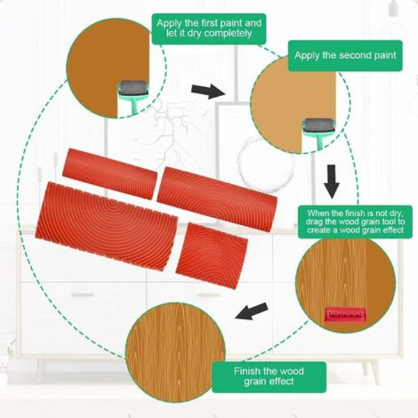 4 stycken gummiträverktygsgummi målningsverktyg kam faux trä DIY imitation färgvalsar för väggdekor möbler (röd)