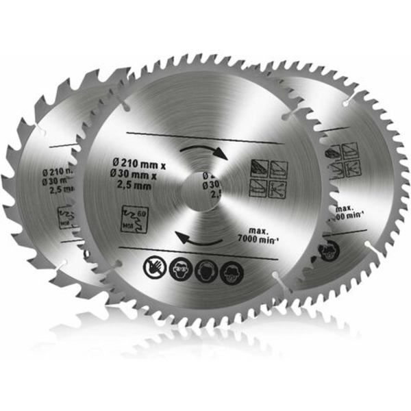 Set med 3 cirkelsågklingor i volframkarbid, 24T 48T 60T TCT-klinga för trä, metall och aluminium (210 x 30 mm) WHWY
