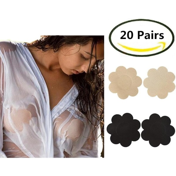 Cover utan bröstvårtor, 20 par självhäftande engångsbehå-bh-kronbladspaddekor (beige 10 par + svart 10 par)