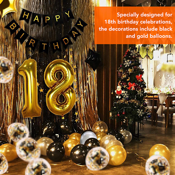 18-års födelsedagsfest ballonger set svart och guld glittrande lätt att installera grattis på födelsedagen banderoll för pojkar och flickor