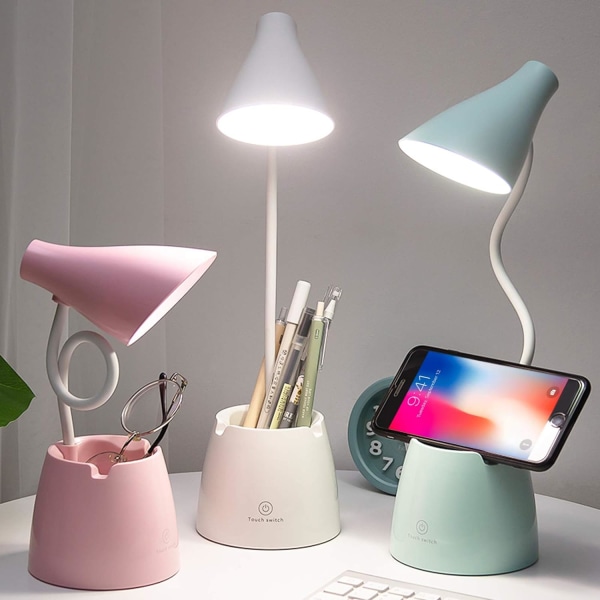 Skrivbordslampa, LED-bordslampa 3 belysningslägen och touchsensor, 360° roterande skrivbordslampa med dimbar intensitet för läsning, studier, arbete (Vit)