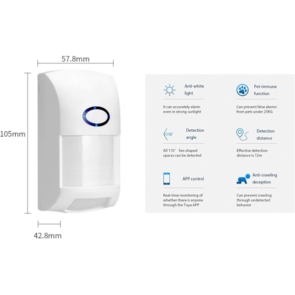 WiFi Trådlöst Säkerhetslarm, Smart Rörelsesensor med 110dB Ljud- och Ljuslarm, Husdjursimmun Detektering, 6 Månaders Standby på Batterier