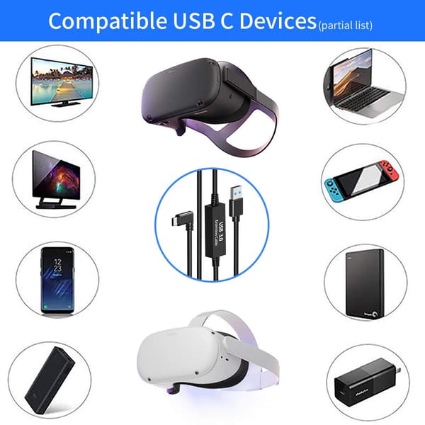 Ergonomisk Design Link Kabel til Oculus Quest 2, Hurtig Opladning & Dataoverførsel USB 3.2 Gen1 til USB C Kabel til VR Headset, 4,8 meter Længde