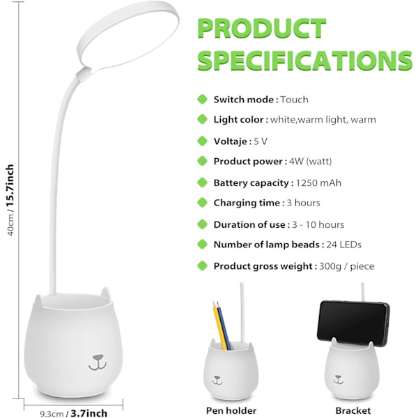 LED-skrivbordslampa, med pennhållare telefonhållare, trådlös, touchkontroll flexibel justerbar ljus USB-laddningsbart batteri, lämplig för sovrum,