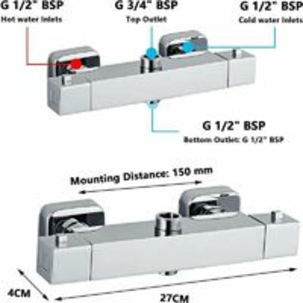 Monobloc duschblandare, 2-utlopps termostatisk duschblandare, topputlopp 3/4 (26,4 mm) och bottenutlopp 1/2 (21 mm), fyrkantig, mässing, krom