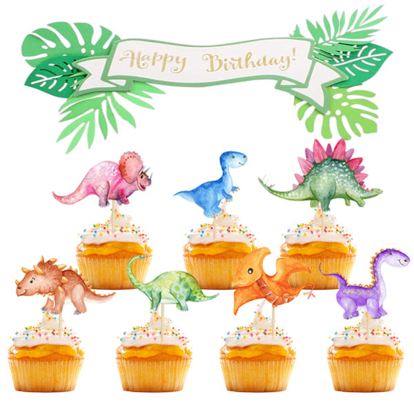 Luau Party Tillbehör, Glitter Tjockt Kort Cupcake Toppers Med Realistiska Dinosauriemönster, Icke-Ätbar Dekoration För Dinosaurie-Tema Och Strand