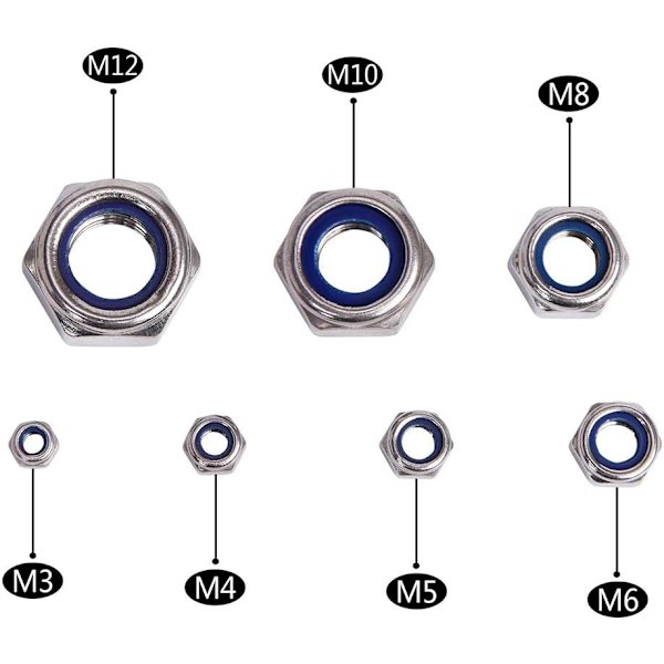 Sexkantsmutter, Nylonlåsningsmutter-sortimentssats, Rostfria sexkantslåsningsmuttrar, 304 och nylon Dimensioner: M3, M4, M5, M6, M8, M10, M12