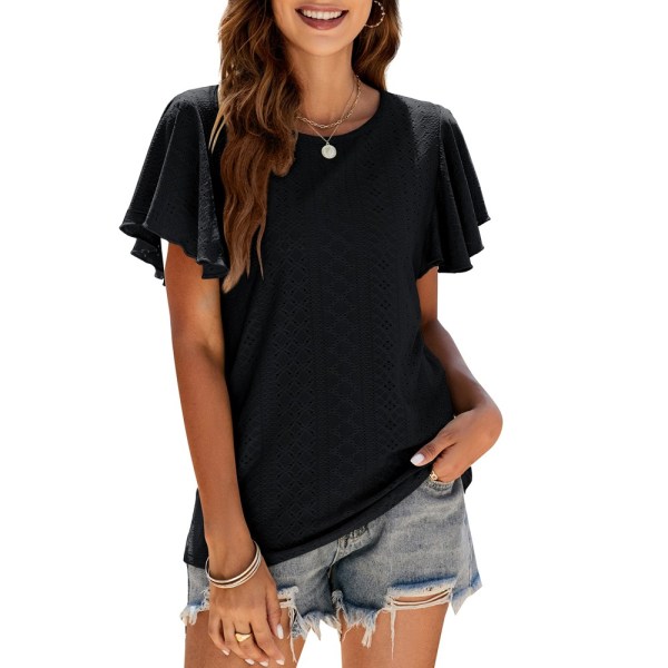 T-shirt med ihålig midja med volang ärm, casual topp (svart)