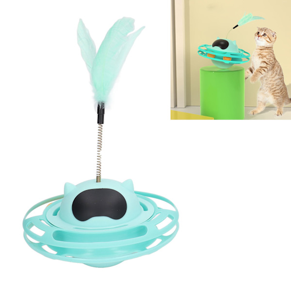 Katt skivspelare leksak 360 graders rotation lindra tristess intressant interaktiv katt leksak med fjäder för katt tillbehör blå