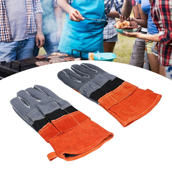 Anti-brännskador Handskar Nötskinn Hög Temperatur och Eldbeständiga Skyddshandskar för Camping Grill Mikrovågsugn(Orange )