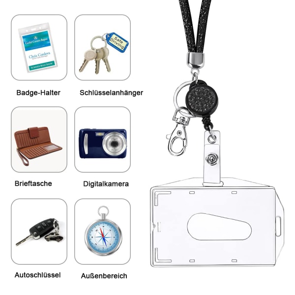 Lanyard med korthållare, kristallhalsband med transparent ID-korthållare, ID-korthållarbricka för nyckelring och ID