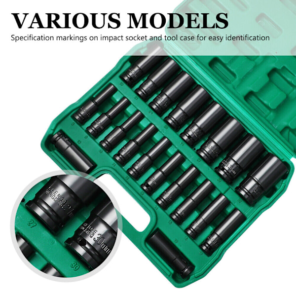 20 st 1/2\" Metrisk Hylsnyckelsats Djup Slagkraft Torque Verktygsset Garage Reparation 8-32mm
