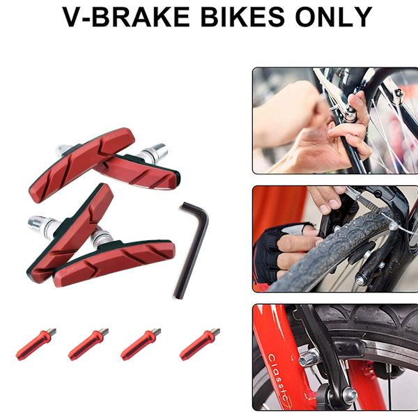 Cykelbromsbelägg, 2 par V-cykelbromsbelägg set landsvägscykelbromsbelägg med 4 röda cykelbromsvajerlock för mountainbikes, inklusive insexnyckel