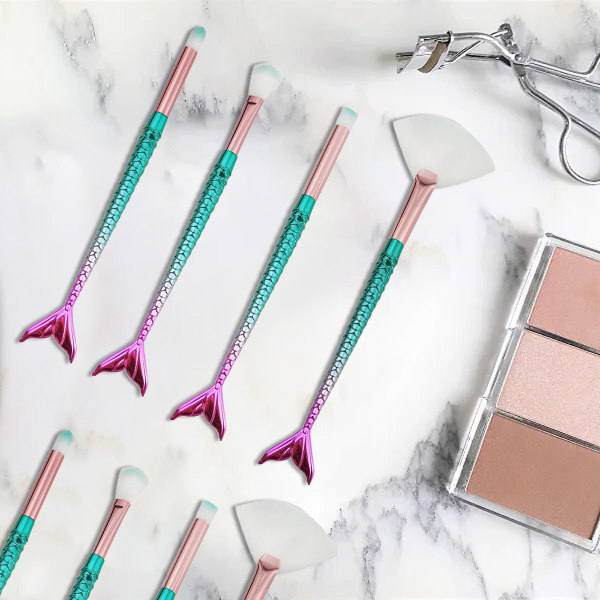 Sminkborstar, Tenmon 10 stycken Mermaid Style Ögonborstar Set Lämplig för Concealer Ögonskugga Puder Rouge Flytande Foundation Avancerad Blandad