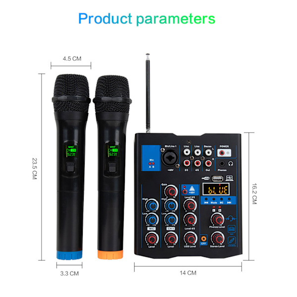 Dubbelmikrofon Mixer 4 Kanaler Liten Metall USB Bluetooth Mixningsbord med Trådlös Mikrofon för Live Streaming Karaoke