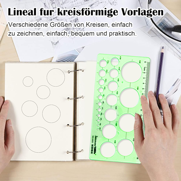 Cirkelschablon för ritning, 2 st linjaler med cirkelschabloner, quillingverktyg, transparenta gröna mätschabloner för kontor och skola