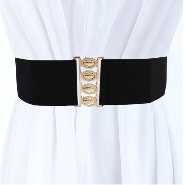 Bred elastisk midjebälte stretch midjeband retro spänne spänne bälte-svart