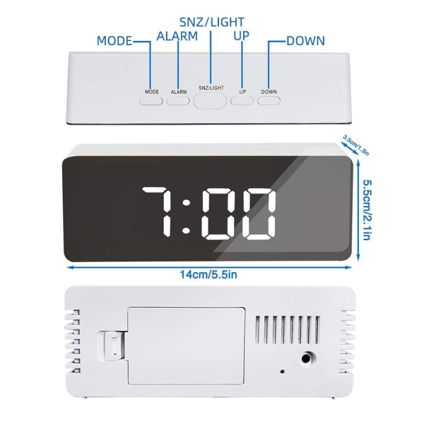 LED-spegel digital bordsur, klocka, datum, temperatur för hem, sovrum, skrivbord, elektronisk väckarklocka