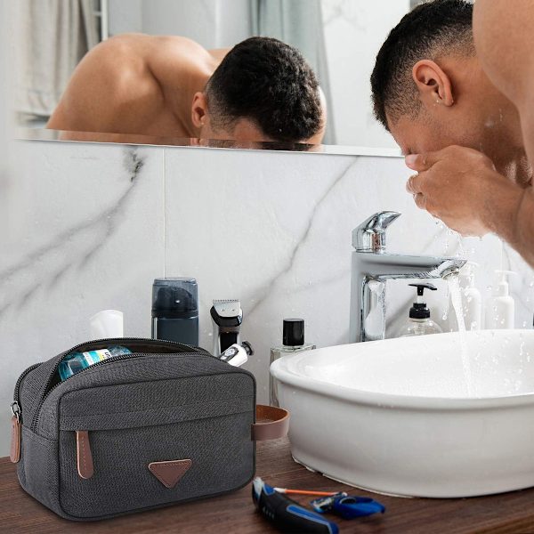 Toalettväska för män med dubbla fack, canvas läder kosmetisk sminkorganisatör rakning Dopp kit - Svart