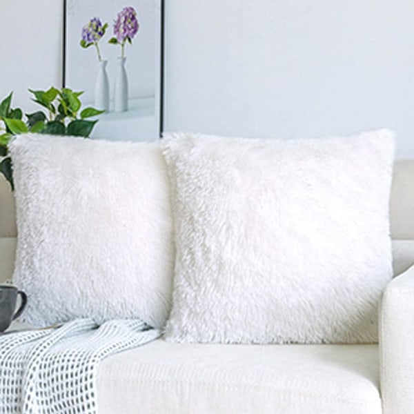 Set med 2 Kuddfodral Päls Fluffig Mjuk Plysch Dekorativa Fyrkantiga Kuddar för Vardagsrum Soffa Sovrum Bil 45x45 Vit