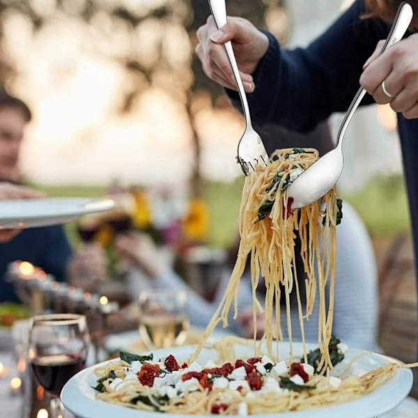 2 stora serveringsskedar, 2 slitsade serveringsskedar, 2 serveringsgafflar, 9,8 tum rostfritt stål buffé catering fest bankett serveringsskedar gafflar set,