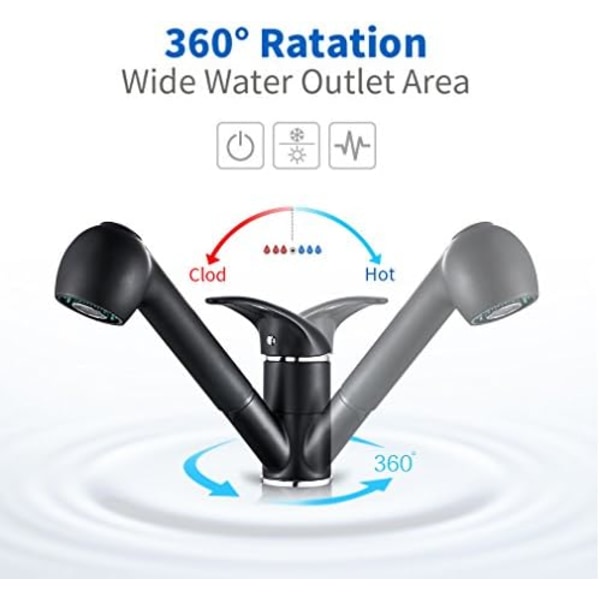 Fällbar köksblandare med 2 formade vattenutlopp Svart krom 360° rotation Varm och kallt vatten Enhandsblandare för kök