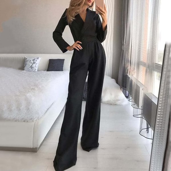 Dam Jumpsuit Bröllop Festlig Lång Jumpsuit V-Ringad Playsuit med Vida Benbyxor Kostym Playsuit Business Kostym Overall (L)