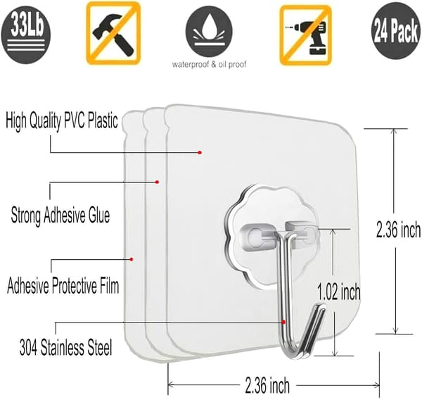 24 kpl seinäkoukkuja ripustukseen 15 kg (max) Itsekiinnittyvät koukut H