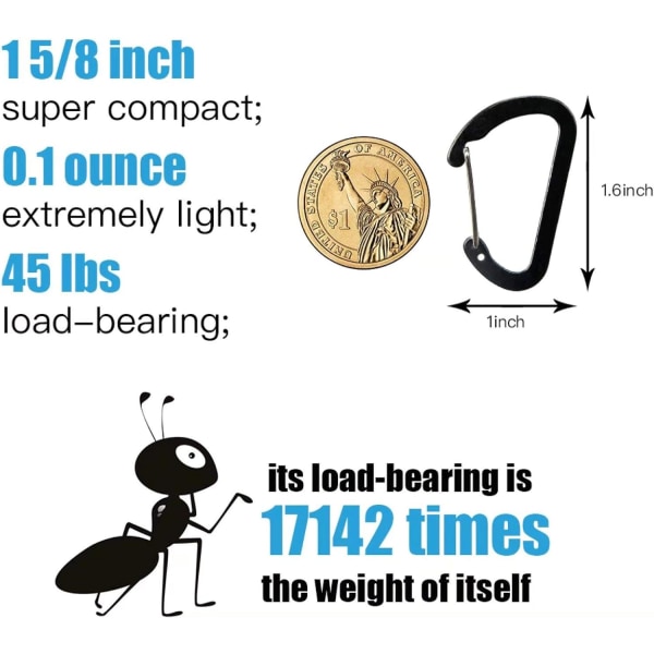 10ST Nyckelringsklämma Mini Karbinhake - 1 5/8 tum liten aluminium Slitstark snabblåsande automatisk låsning D-form fjäderbelastad trådportklämma för hem, husbil,