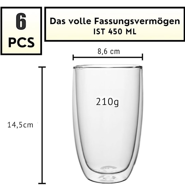 Hot & Cold Latte Macchiato Glas Set 2x450ml, Dubbelväggiga kaffeglas tillverkade av borosilikatglas, kvalitetsglas, cappuccino iskaffekoppar,