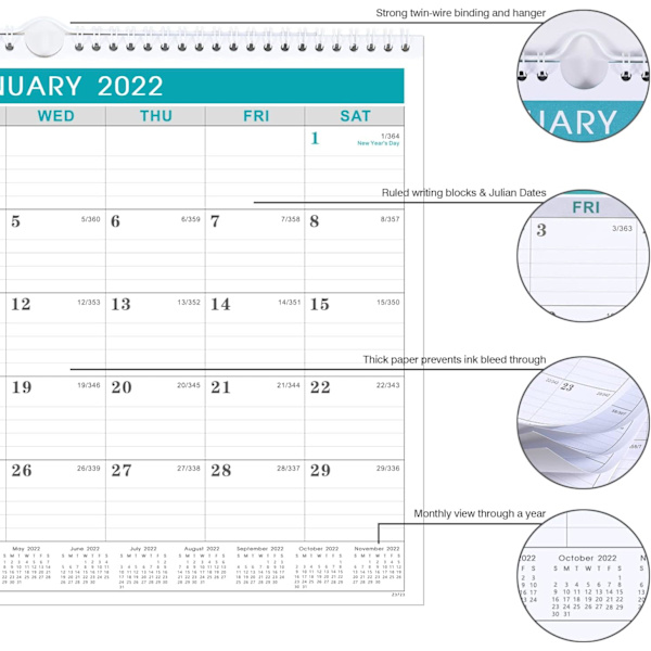 Kalender 2022 - Väggkalender 2022 från januari 202 till juni 2023, 12 månaders kalender med datum, tjockt papper för organisering och planering