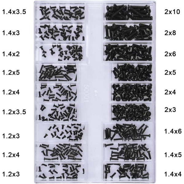 500 stycken skruvsats, skruvar med försänkt huvud, verktygssatser för reparation av mikroskruvar för reparation av dator, glasögon, watch, smycken, lätt att bära, M1.2 M1.4