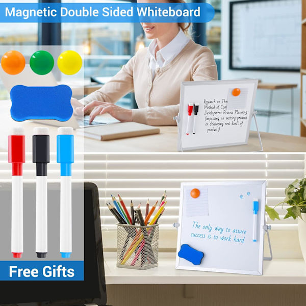 Liten stationär whiteboard, 10\"X10\" dubbelsidig magnetisk whiteboard med stativ, 3 markörer, 3 magneter och suddgummi - Bärbar minitavla för bordsskiva