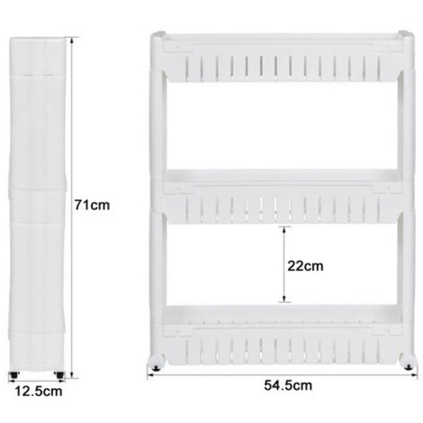 Hjulhylla, förvaringsenhet med hjul - Material: Plast - Vikt: 1,79 kg - 3 fack, 54,5*12,5*71cm, Vit
