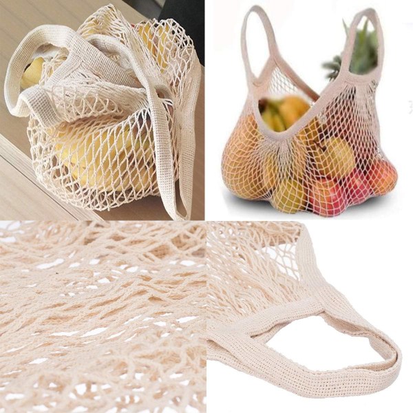 Återanvändbara bomullsmesh-matkassar Bomullssnöreväskor Nät Shoppingväskor Meshväskor 3-pack (Beige)