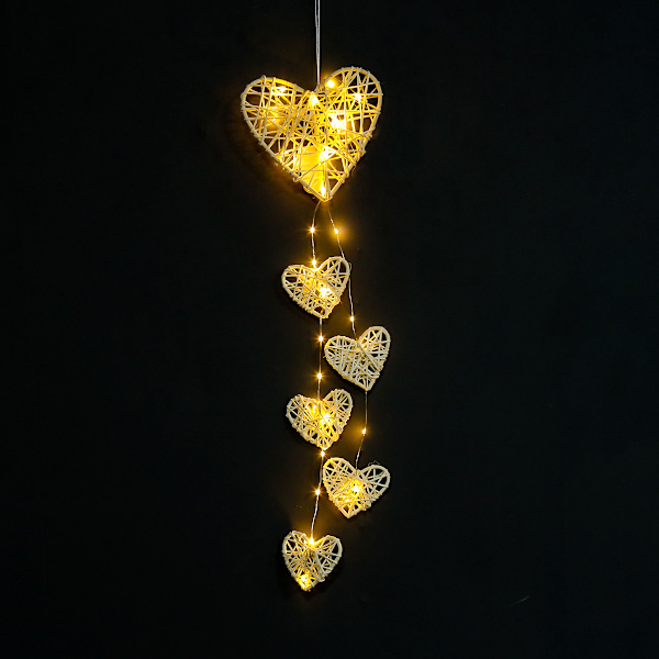 Rustik Shabby Chic 6x Wicker Hjärtan Vägg Hängande LED Garland Ljus Batteridriven Rotting Hjärtan Väggdekaler för Festival Dekoration Tillbehör